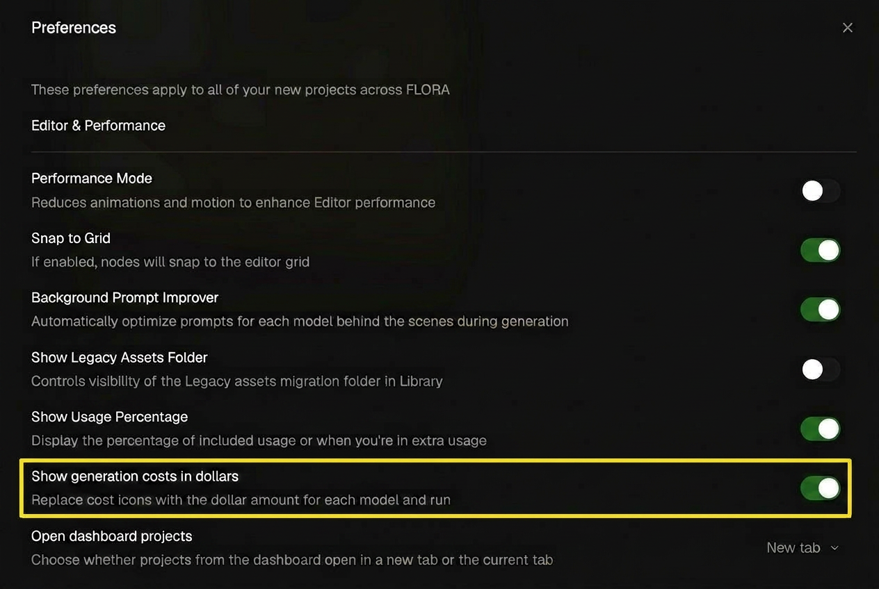 Preferences panel with Show generation costs in dollars toggled on