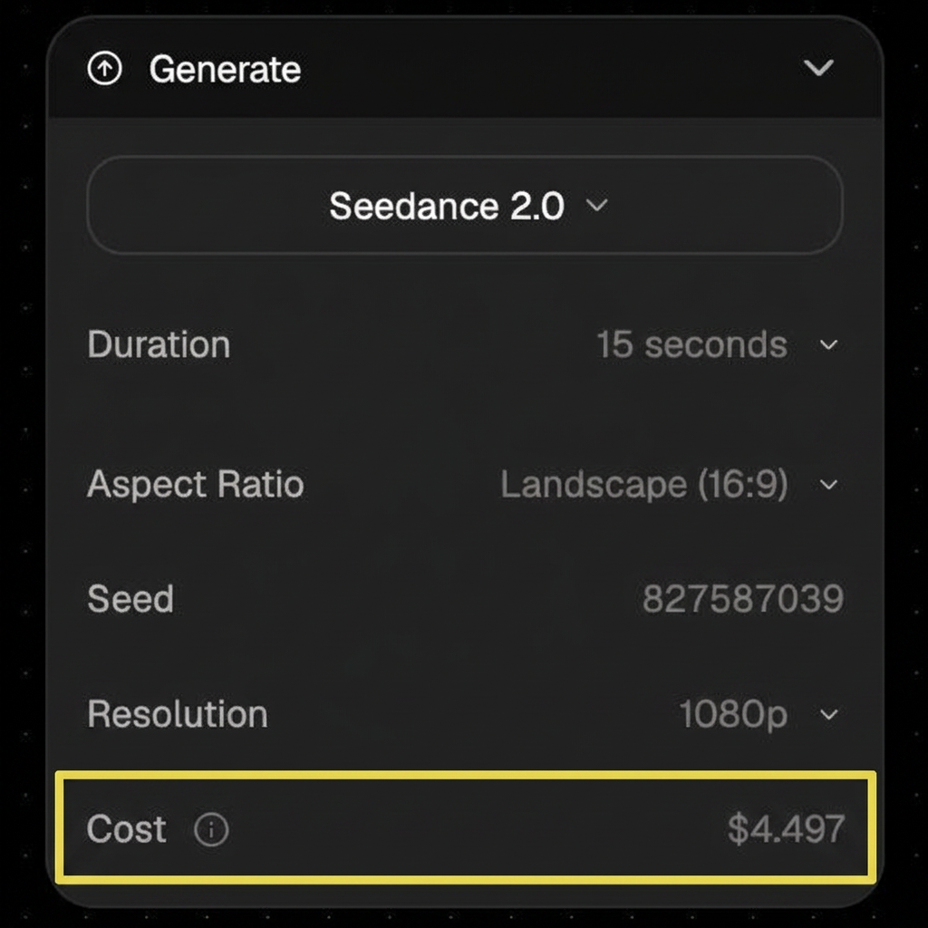 Generate panel showing duration, resolution, and other settings with the Cost row displaying the exact dollar amount for the current configuration